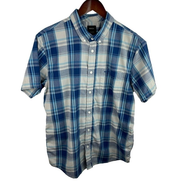 RVCA | Blue Gray White Plaid Button Short Sleeve Shirt - Picture 1 of 9